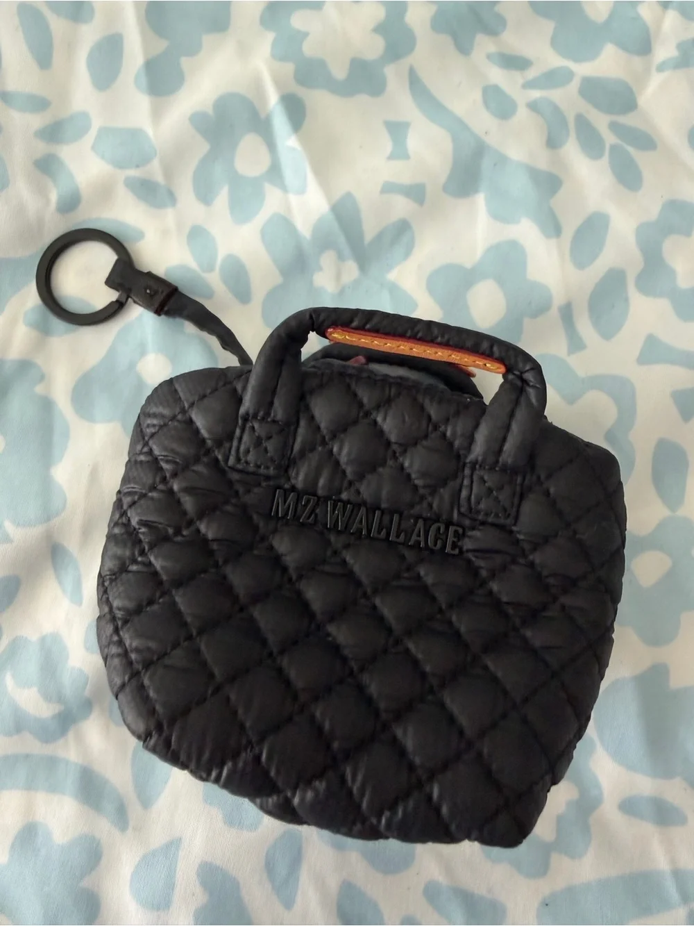 MZ Wallace Quilted Mini Keychain Pouch - Black with Tan Leather Trim